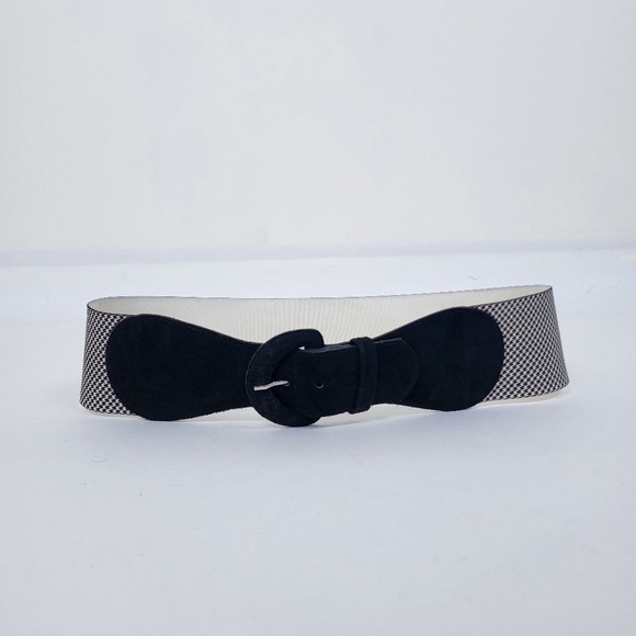 90s Houndstooth Belt Wide Buckle Thick Suede Black White - Picture 1 of 11